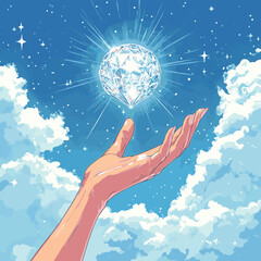 Hand reaching for diamond in the sky , vector style simple color