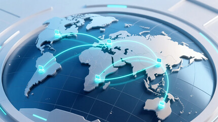 Fototapeta premium Global Network Visualization 3D rendered world map with luminous lines connecting data points illustrating international information flow digital finance and technology concepts.
