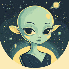 Female cartoon alien in space illustration , vector style simple color