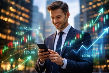 Smiling businessman in suit using smartphone while glowing stock market candlestick charts and upward trend lines overlay a modern city skyline