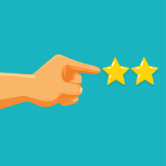 Hand pointing at 5 star satisfaction quality performance , vector style simple color