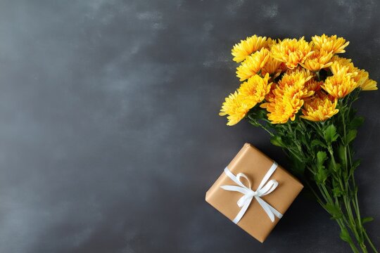 Yellow chrysanthemums and gift box on dark chalkboard background - Powered by Adobe