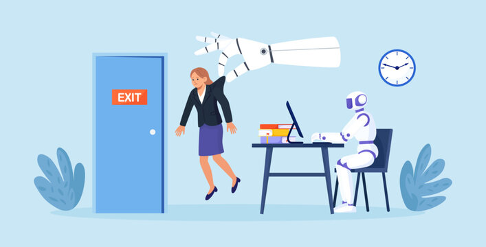 Robotic hand throwing employee out of office. Artificial Intelligence is replacing humans. AI robot fires person. Unemployment, job loss due to technological progress, layoffs. Automated labor