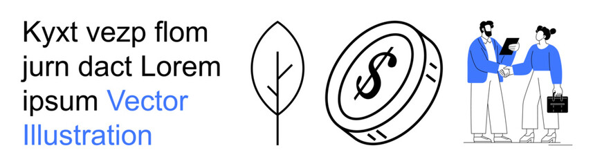 Obraz premium Business partnerships, financial transactions, ecology, teamwork, monetary systems, growth strategies. Leaf icon, dollar coin professionals shaking hands. Business partnerships and financial