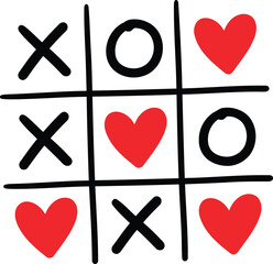 Hand Drawn Tic-Tac-Toe Game with Red Hearts and Black Crosses for Valentine's Day Graphic Design