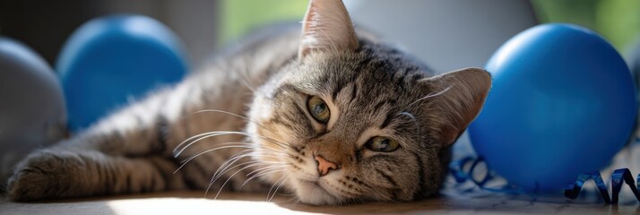 Tabby cat relaxing among blue and silver balloons in sunlight