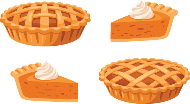 Professional vector illustration set of traditional lattice crust apple pies and pumpkin pie slices topped with whipped cream on white background.