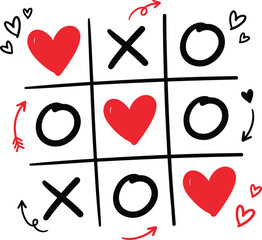 Romantic Tic-Tac-Toe Hand Drawn Illustration with Red Hearts and XOXO Doodles for Valentine's Day