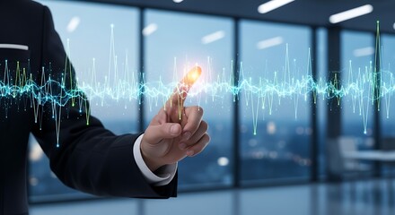 A businessman interacts with a digital waveform visualization representing data analysis and future technology concepts