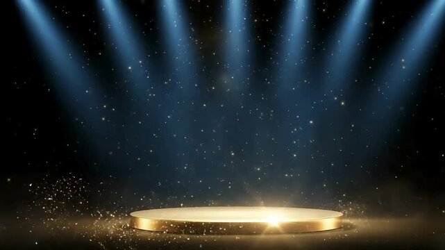 Golden stage with spotlight beams shining down on empty circular platform