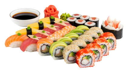 A vibrant platter of assorted sushi rolls and sashimi with soy sauce