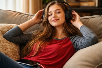 Relaxed young woman reclining on a couch with headphones, eyes closed, enjoying music at home while resting comfortably in a cozy living room