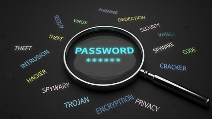 Magnifying glass over glowing PASSWORD text with asterisks, surrounded by cybersecurity threats like virus, phishing, and hacker on dark background