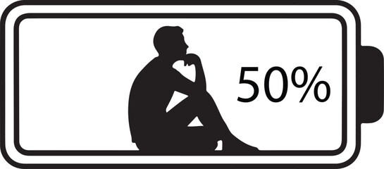 Burnout recovery icon, person sitting inside a battery at 50% charge, symbolizing mental exhaustion and recharge