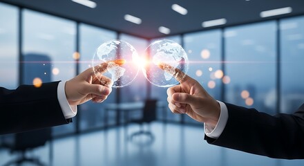 Hands connecting glowing globes symbolizing global connection digital networking and innovative business solutions in a modern office