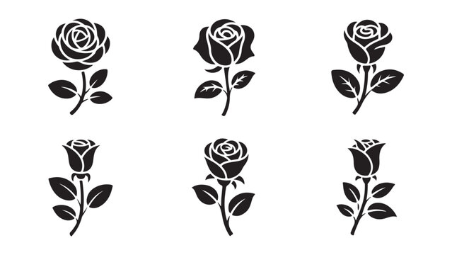Collection of black rose flower vector silhouettes with stem and leaves isolated on white background