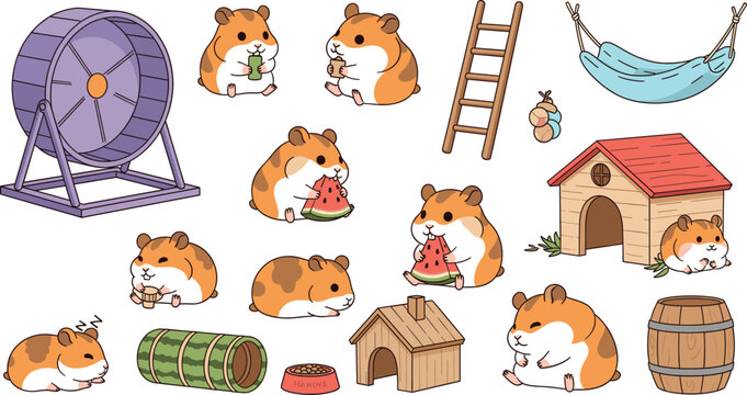 Set of cute hamster vector illustrations featuring characters eating watermelon, running in wheels, sleeping in wooden houses, hammocks, and play tunnels.