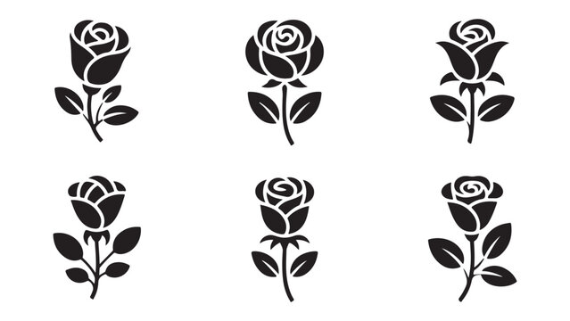 Set of black rose flower vector icons with stem and leaves isolated on white background