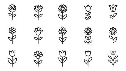 Fototapeta premium Simple outline flower icons arranged in a grid, suitable for decorative and graphic design