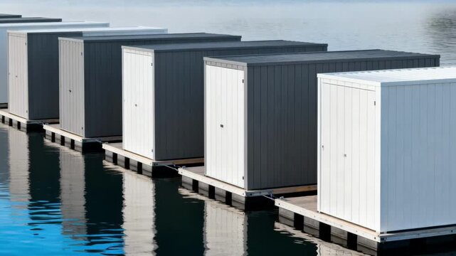Medium shot of modular floating storage units aligned on calm water showcasing scalable design and secure temporary storage solutions.