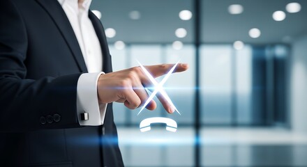 A businessman interacts with a futuristic holographic interface featuring a phone call icon representing modern communication