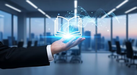 A glowing open book radiates digital light held in a hand within a modern office setting