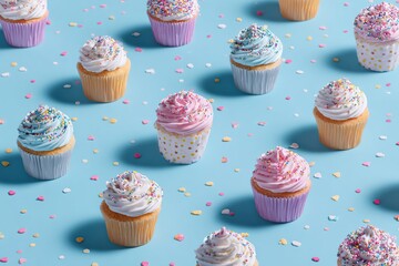 Colorful assortment of cupcakes with various frosting styles and toppings arranged on a blue background, ideal for dessert-themed designs or culinary projects