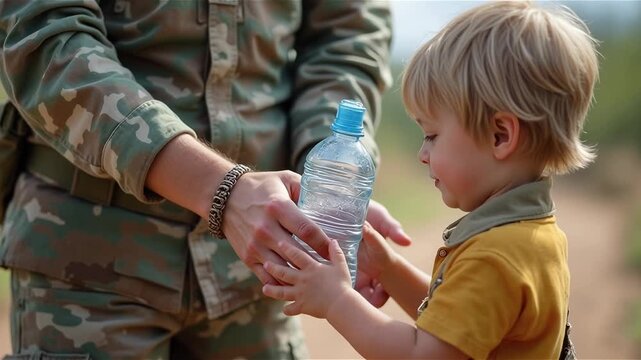 Uniformed soldier hands passing clear water bottle to small child
