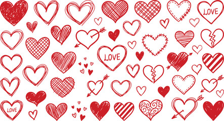 Large Collection of Hand-Drawn Red Hearts Doodles for Valentine's Day Love Romance Wedding Design