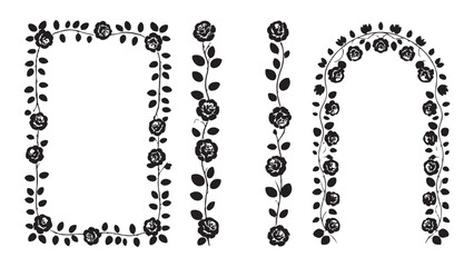Black rose border set with elegant flower frame silhouettes and vertical floral patterns for design