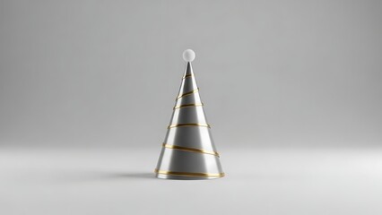 Modern minimalist metallic cone shaped tree with delicate golden ribbon accents and a single glowing orb on top against a clean studio backdrop