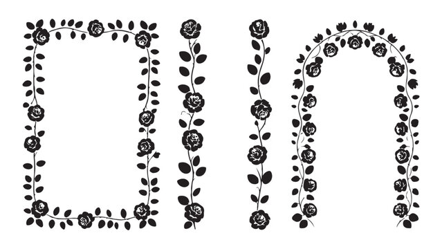 Black rose border set with elegant flower frame silhouettes and vertical floral patterns for design