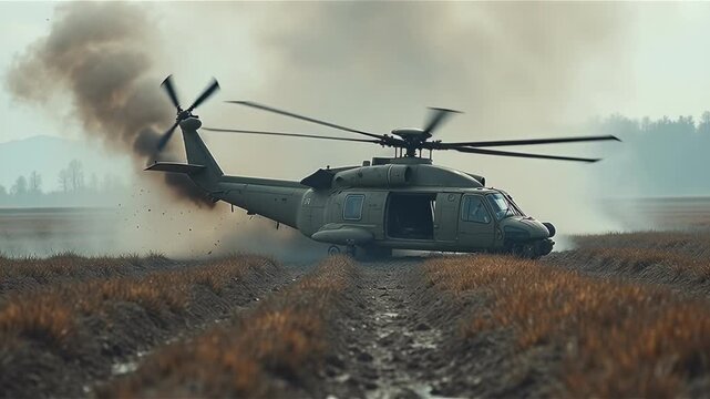 Smoking civilian helicopter fuselage crashed in muddy farm field
