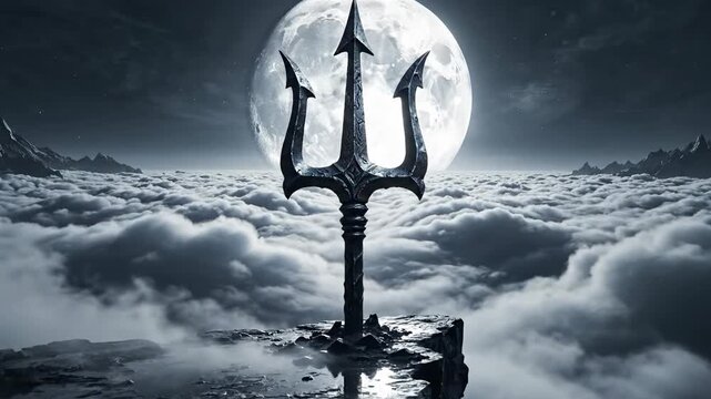 Trident Trishula on Cliff Above Clouds Under Giant Full Moon Mahashivratri