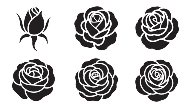 Rose flower silhouette set with blooming rose heads and rosebud icon collection for botanical design