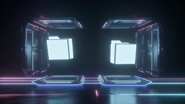 Two glowing digital folders floating in futuristic open data containers on a dark, reflective surface with neon lights.