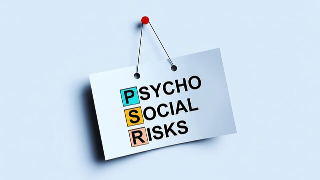 Cardboard sign pinned to a light blue wall displays the acronym PSR with colored blocks and black text for Psycho Social Risks