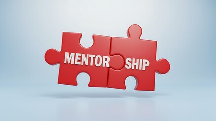 Two bright red puzzle pieces connecting to form the word "MENTORSHIP" in white 3D lettering, symbolizing teamwork and guidance.
