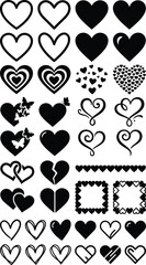 Heart Icons Set - Various Black Silhouette Heart Shapes for Valentine's Day and Romantic Designs