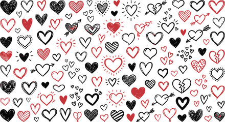 Large Collection of Hand Drawn Heart Doodles and Sketches for Valentine's Day and Romantic Designs
