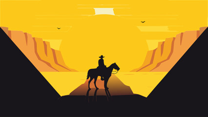 Cowboy on horseback at sunset in desert landscape