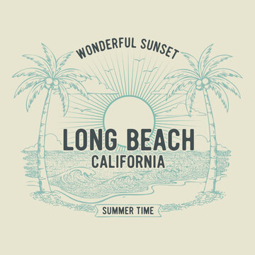 Vintage Long Beach California Wonderful Sunset Illustration - Retro Coastal Summer Time Graphic with Palm Trees, Ocean Waves, and Rising Sun - Classic West Coast Apparel T-Shirt Design Art