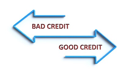 Two blue arrows pointing in opposite directions with text BAD CREDIT and GOOD CREDIT cut out, symbolizing financial choice and consequences