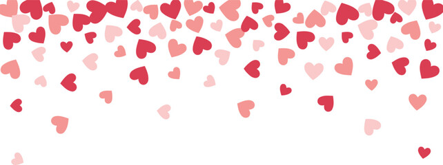 Red and Pink Hearts Falling on White Background - Panoramic Valentine's Day Confetti Border