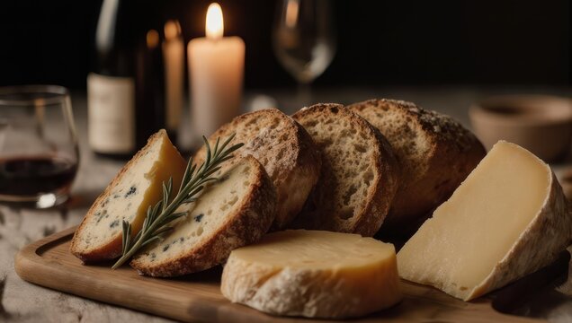 Elegant Cheese and Bread Board with Wine and Candlelight.