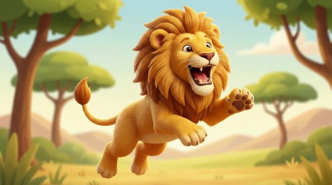 Joyful cartoon lion running through a lush jungle path with palm trees and flowers