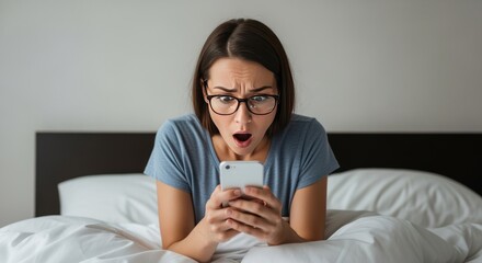 Shocked Woman Looking at Smartphone Screen in Bed