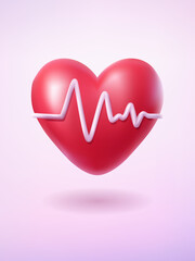 Glossy red heart with white heartbeat line floating on soft pink gradient background medical health love concept icon
