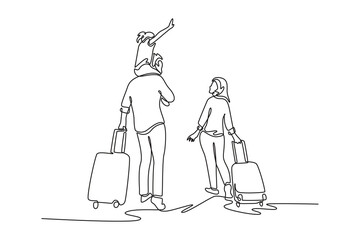 Obraz premium Back view of happy family traveling. Journey There concept. Single line draw design. Vector graphic illustration
