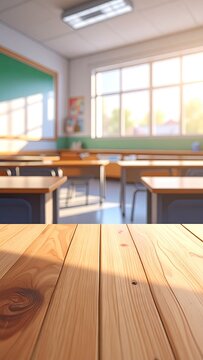 Classroom focus on wood desk with background classroom